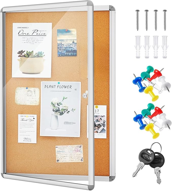 Geetery 36 x 24 Inch Enclosed Bulletin Board Tamperproof Lockable Cork Board Fabric Noticeboard, Aluminium Frame Display Cases Wall-Mounted for School, Office, Commercial, Hospital