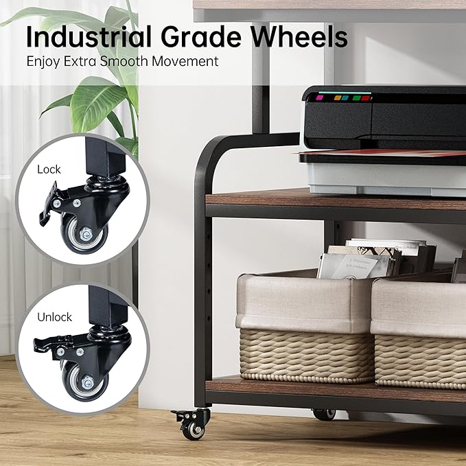 Fannova 32.3" Wide Extra Large Printer Stand, 3 Tier Printer Table with Adjustable Storage Shelf, Rolling Printer Cart with Industrial Wheels for Home Office, Rustic Brown
