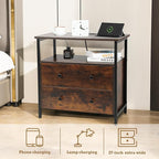 Edbuosy 27 inch Wide Night Stand with Charging Station, Bedside Table with Open Shelf, 2 Drawers Small Wood Dresser, Modern Wood Nightstand for Bedroom/Living Room (Rustic Brown)