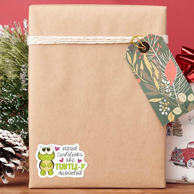 Bttwkco Cute Turtle Stickers, Repeat Customers Are The Best, 500pcs Roll, Green, Cartoon Style, Waterproof, Coated Paper, Stickers