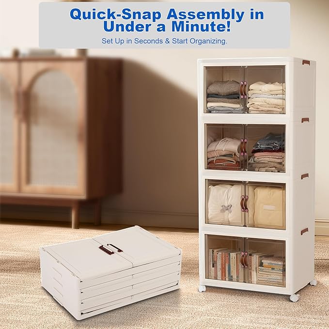 GCCSJ 480QT Stackable Storage Bins with Lids, 120Gal Extra Large Collapsible Storage Box with Wheel, Plastic Storages with Transparent Door for Home Bedroom Kitchen Garage, White