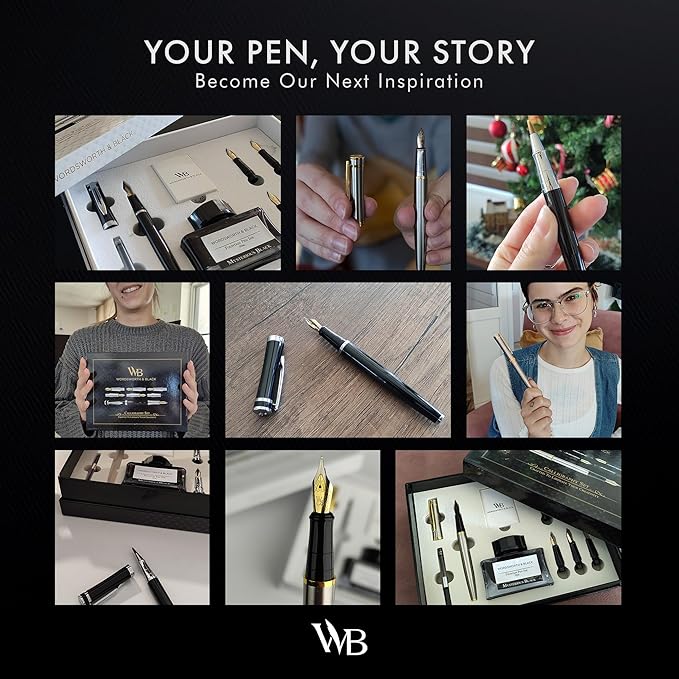 Wordsworth & Black Fountain Pen Gift Set, Includes Bottle, 6 Cartridges, Refill Converter, 4 Replacement Nibs, Premium Package, Journaling, Calligraphy, Smooth Writing Pens [Blue Chrome]