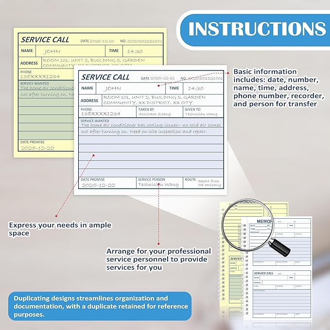 100 Sets Service Call Log Book 5 5/8 x 8 1/2" 2 Part Carbonless 2 Message Sets per Page Phone Call Log Book Phone Message Book Invoice Receipt Book for Repair Service (1)