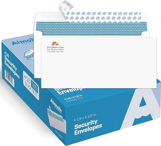 Aimoh 250 Custom Printed #10 Security Tinted Self–Seal Envelopes - Personalized with Logo and Address/Return Address Imprinted -Size 4-1/8 X 9-1/2" -White -24 LB - 250 Count (7-34010-250)