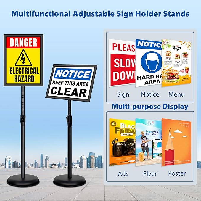 VAIIGO 4 Pack Sign Holder Stands - 8.5 x11 inch Standing Sign Stand, Adjustable Poster Sign Holder Pedestal Floor Sign Stand, Aluminum Snap Open Frame for Vertical & Horizontal View Sign Stand, Black