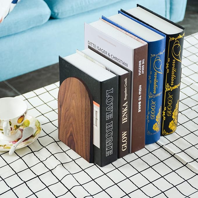 Large Bookend Hold Heavy Books- 7x4x5in 2 Pack Wood Bookends for Heavy Books Heavy Duty Walnut Book Ends for Men Wood Bookends for Office Desk Non-Skid