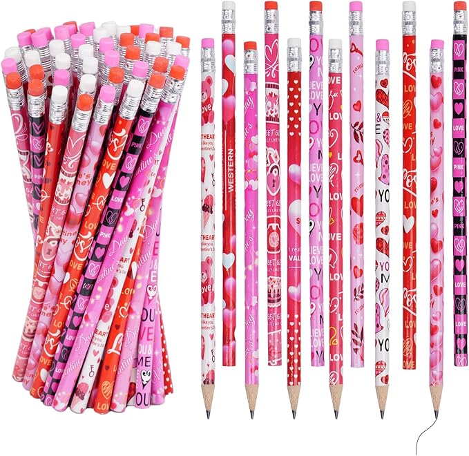 Rbenxia 48PCS Valentines Day Wooden Pencils with Erasers, Valentine's Exchange Gifts for Goodie Bags Fillers, Assortment Novelty Pencils Awards Incentives for Giveaways Favor (Valentine's Day)