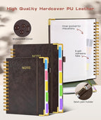Hardcover Spiral Notebook journal with Removable Dividers Tabs, 300 Pages Leather 5 Subject Notebook College Ruled, 100GMS A5 Notebooks for Work School Note taking,Lined Journal for Women,A5 Brown