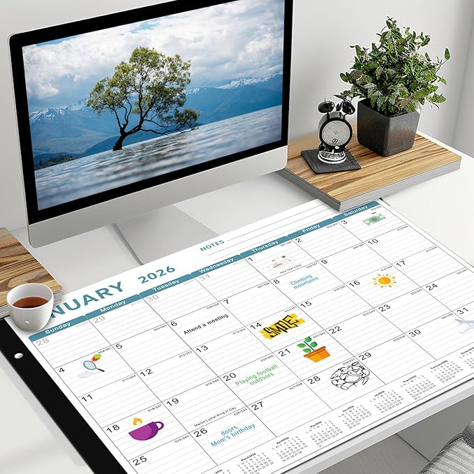 Desk Calendar 2026, KOPEESY 22" x 17" Large Desk Calendar, From January 2026 to June 2027, Desktop Calendar with Notes and Thick Paper for Home, Office and School (Blue)