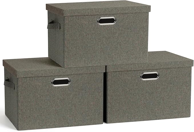 Graciadeco Large 17" 36 Quart Collapsible Stackable Storage Bins with Lids, 3 Packs Dark green Foldable Fabric Closet Storage Boxes with Lids, Heavy-duty Linen Cube Baskets(17x12x11)
