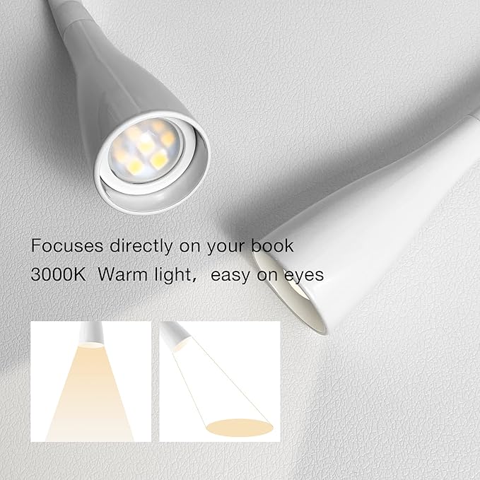 TOPMB LED Reading Light, Eye-Caring Book Light for Reading in Bed, 360° Flexible Clip on headboard lamp, 5W 3000k Desk Lamp with Clamp for Bedroom, Office, Painting, Workbench and Sewing, White
