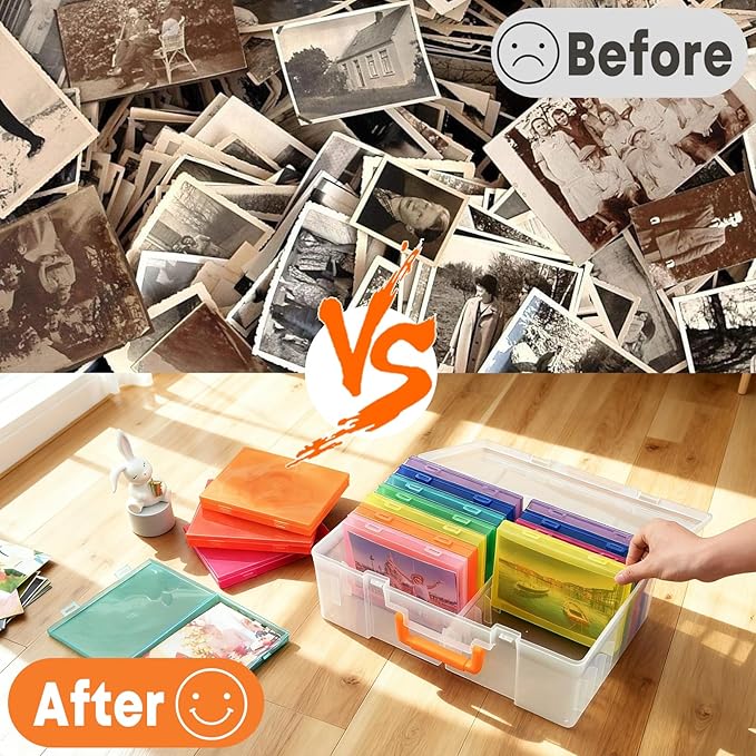 Photo Storage Box 5 x 7 Inches, 18 Inner Photo Cases with Dividers, Clear Acid-Free Photo Storage Containers with Handle, Photo Organizer Craft Keeper for Stickers, Craft, Stamp