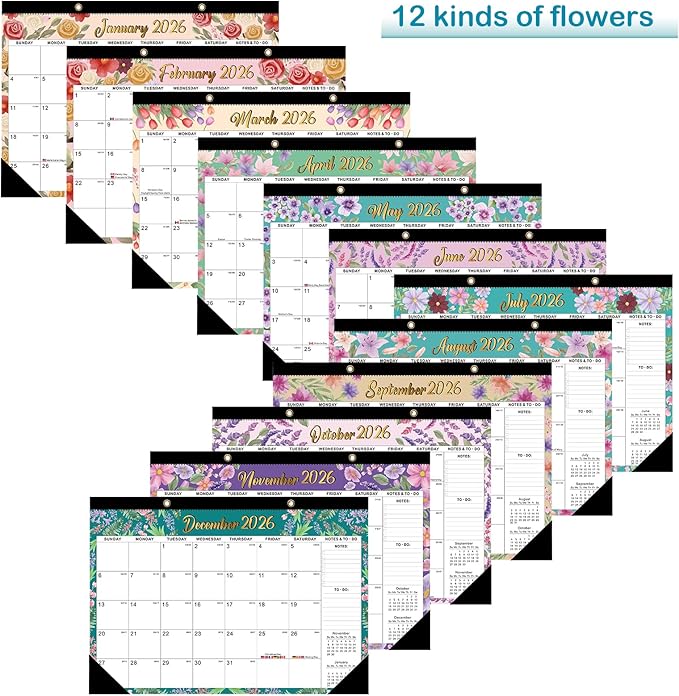 Desk Calendar 2026, With 2 sticker, 18 Month Calendar Running to June 2027-17" x 12" Desktop/Wall Monthly Calendar for Homes, School/Office(Watercolor flowers)