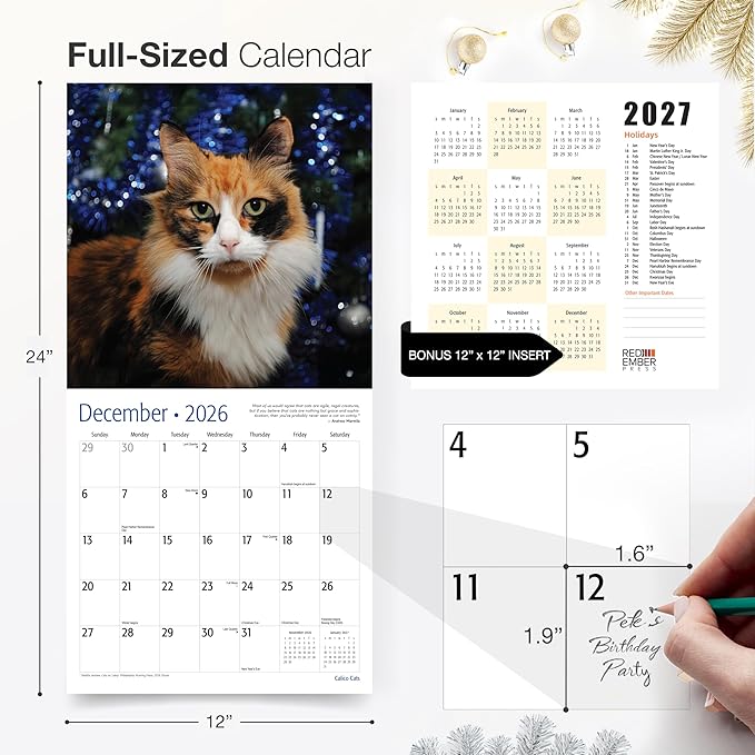 RED EMBER Calico Cats 2026 Wall Calendar 12 Month | 12" x 24" Open | Thick & Sturdy Paper | Holiday Gift | Cute Kitten Cat Calendar 2026