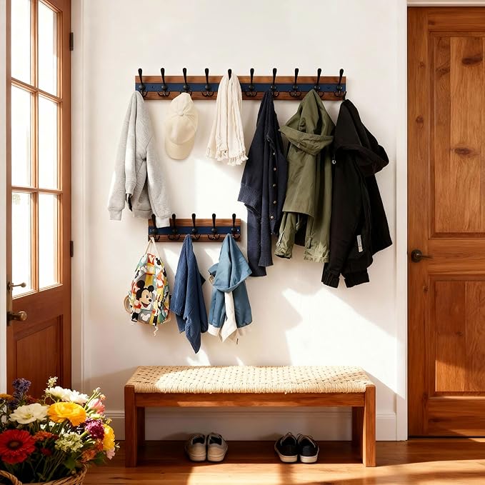SKOLOO Rustic Wall Mounted Coat Rack - 16-7/8" Long Coat Hooks for Wall with 5 Triple Hooks for Hanging Coats, Hats or Tools, Western National Parks Collection, Wood Brown & Blue