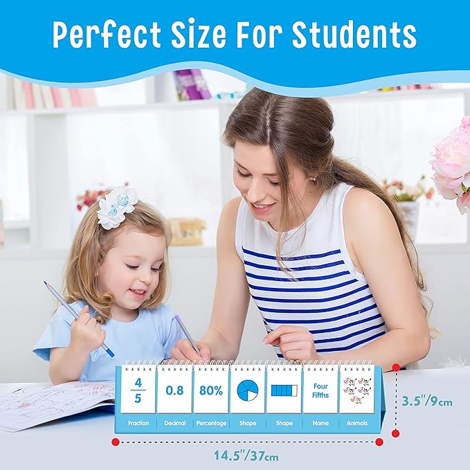 Fraction Flip Chart, 161 Double Sided Cards Freestanding Flip Chat with Fraction/Decimal/Percentage/Shape/Name/Animals, All Fractions from 1-10, Educational Math Learning Tool for School Supplies