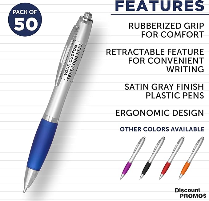 DISCOUNT PROMOS Personalized Ballpoint Pens With Rubber Grip, 50 pack Customizable Ergonomic Click-to-Write Custom Writing Pens for School with Black Ink, Blue