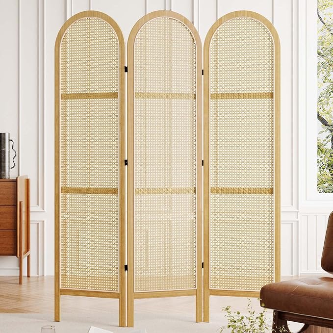 Svimi Room Dividers and Folding Privacy Screens, Pine Wood 5.6 Ft Double Hinged Rattan Partition Freestanding Wall Room Divider for Home - 3 Panels (Natural)