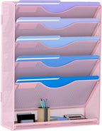 Gawerk 6 Tier Hanging File Organizer, Mesh Wall File Holder Paper Folder Rack with Bottom Flat Tray for Office Home, Pink