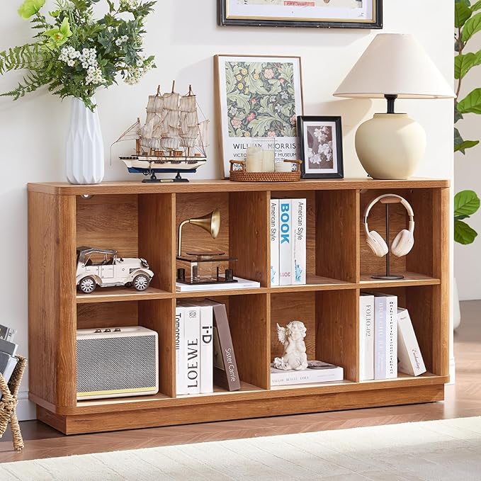 Joaxswe 8 Cube Storage Book Shelf, 52" Long Horizontal Bookshelf with Curved Edge, Floor Standing Wooden Cubby Bookcase with Base, Low Modern Console Book Case, TV Stand for Living Room, Brown