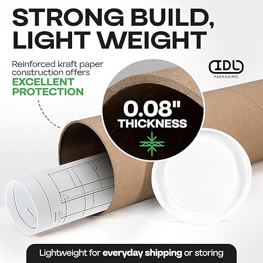 Cardboard Mailing Tube, 4" x 36" with Plastic Caps - USA-Made USPS Approved Poster Tube for Documents & Blueprints - Reinforced Mailing Cylinders for Shipping & Storage by IDL Packaging