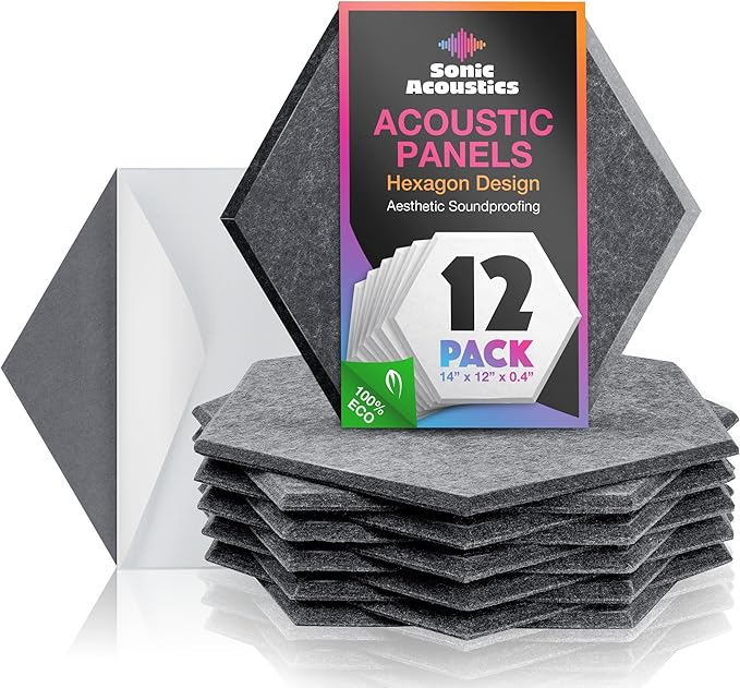 Sonic Acoustics Self-Adhesive 12 Pack Hexagon Acoustic Panels, 14" X 12" X 0.4" High Density Sound Absorbing Panels Sound Proof Insulation Beveled Edge Studio Treatment Tiles-Dark Grey