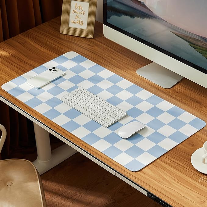 Ohocut Checkered Desk Mat, 31.5" x 15.7" Large Cute Sky Blue Aesthetic Retro Accessories, PU Leather Computer Laptop Desk Mat Mouse Keyboard Pad, Desk Writing Makeup Mat for Vanity/Work/Home Decor