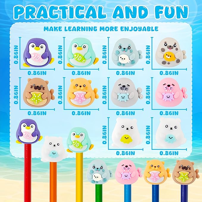 20 pcs Ocean Animal Pencil Topper Erasers for Kids Classroom Prizes, 3D Funny Pencil Top Erasers for Kids Class Treasure Box,Game Rewards,Party Favors, Non-Removable