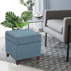 Asense 17 Inch Square Storage Ottoman,Small Foot Rest Stool for Couch, Faux Linen Fabric Upholstered Footstool Cube for Entryway Bedroom Living Room, Blue