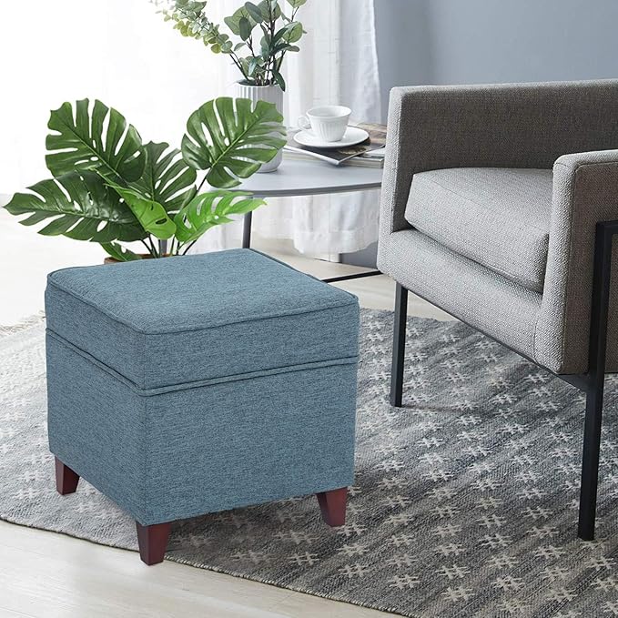 Asense 17 Inch Square Storage Ottoman,Small Foot Rest Stool for Couch, Faux Linen Fabric Upholstered Footstool Cube for Entryway Bedroom Living Room, Blue