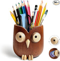 WODTILIFE Cute Owl Pen Holder for desk, funny wooden pencil holder with Magnetic Rotating Eyes, Ebony solid wood hollow design, for Office accessories School Home and Holiday Gifts.(Brown)
