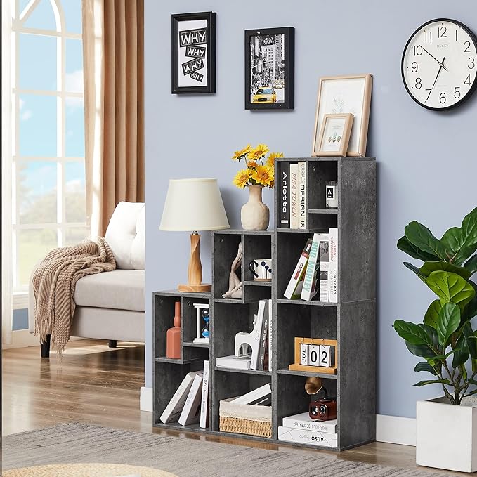 VECELO Narrow Bookshelf Set, Fits 9.3" × 10-12.8" Hardcovers, Cube Storage Bookcases, Free-Standing for Living Room, Bedroom, Home Office, 2/3/4-Tier, 3-Pack, Gray
