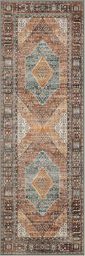 GENIMO 2x10 Runner Rugs for Hallway, Machine Washable Non Slip Vintage Rugs, Low Pile Lightweight Soft Print Rug for enrtyway, Corridor, Home Office, Kitchen, Vintage Brown/Blue