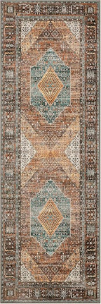 GENIMO 2x10 Runner Rugs for Hallway, Machine Washable Non Slip Vintage Rugs, Low Pile Lightweight Soft Print Rug for enrtyway, Corridor, Home Office, Kitchen, Vintage Brown/Blue