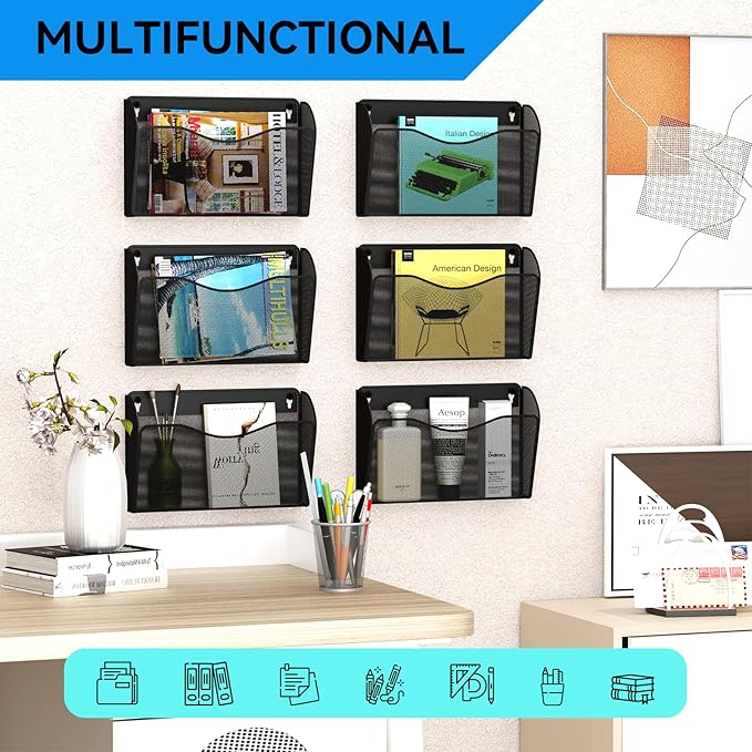 GDINDINFAN 6 Single Pocket Wall File Holder, Mesh Hanging File Folder Paper Organizer, Vertical Wall Mounted Mail Basket, Storage Organization Magazine Rack for Office, Home and School, Black