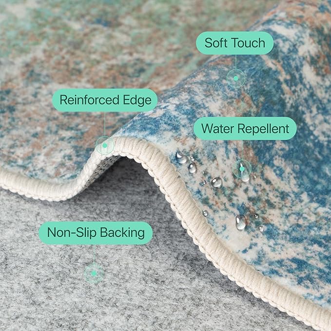 GENIMO Washable Rugs 4x6 Area Rugs for Living Room Bedroom, Modern Lightweight Rug Ultra Soft Indoor Area Rugs 4x6 for Dining Room, Low Pile Carpet with Non Slip Backing, Blue Green