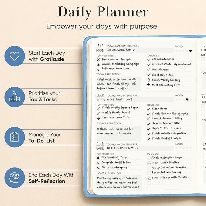 Mantra Planner 2026 Planner, Daily Journal & Gratitude Journal All-In-One with To Do List, Self Care Prompts & Habit Tracker - 7 x 10 - Blue