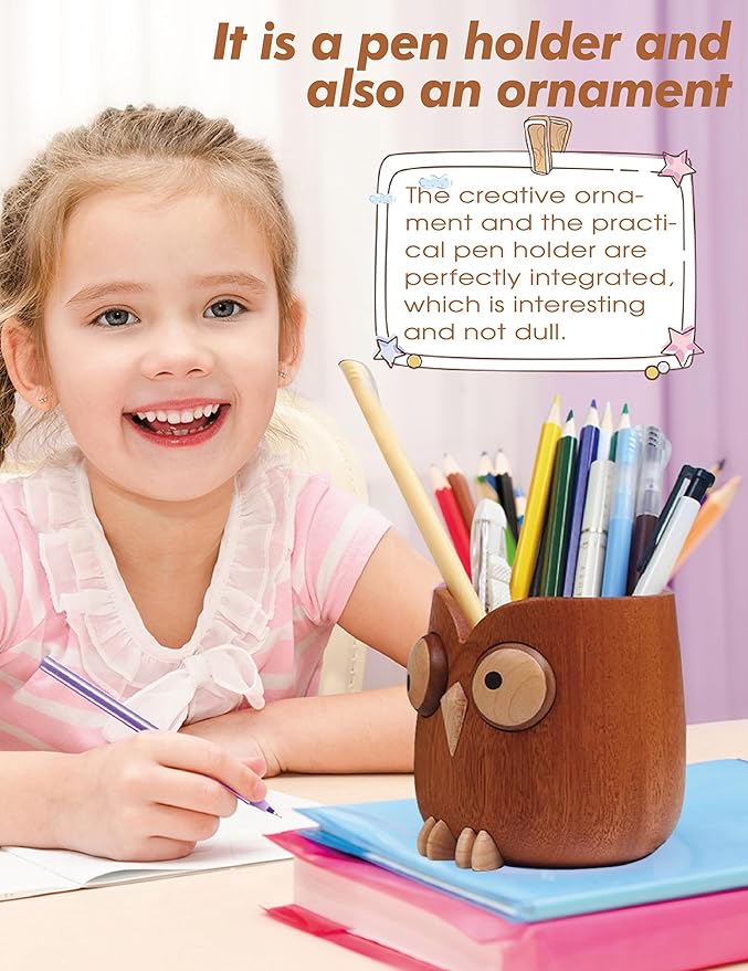 WODTILIFE Cute Owl Pen Holder for desk and walnut Phone Stand, Fun ebony pencil holder, magnetic rotating eyes, Single solid wood hollow design, for Office accessories School Home and Holiday Gifts.