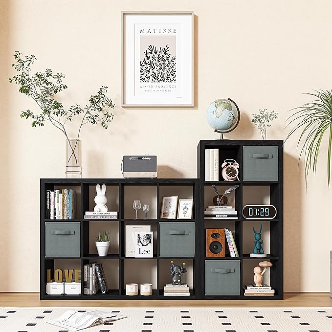 Bookshelf with Storage Bins, 8-Cube Storage Organizer, Modern Black Bookshelf for Bedroom, Multifunctional Display Cube Bookshelves for Living Room, Bedroom, Home Office