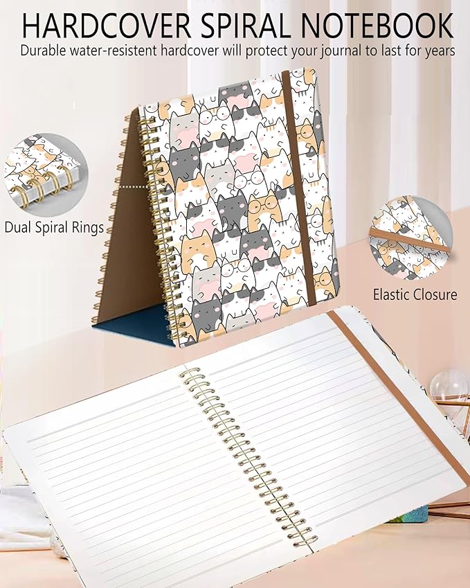 DHGPTS Spiral Journal Notebook, A5 Cute Notebooks for Women Men, College Ruled Hardcover Notebook for Work & Note Taking, 60 Pages Double-Wire Journals for Writing, Cute Gentle Cats