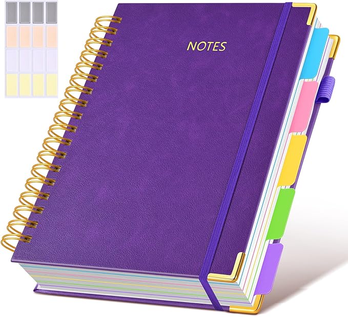 Hardcover Spiral Notebook Journal with Removable Dividers Tabs, 300 Pages Leather 5 Subject Notebook College Ruled, 8"x10" Large Notebooks for Work School Note Taking, Journal for Women, Dark Purple