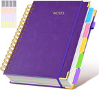 Hardcover Spiral Notebook Journal with Removable Dividers Tabs, 300 Pages Leather 5 Subject Notebook College Ruled, 8"x10" Large Notebooks for Work School Note Taking, Journal for Women, Dark Purple