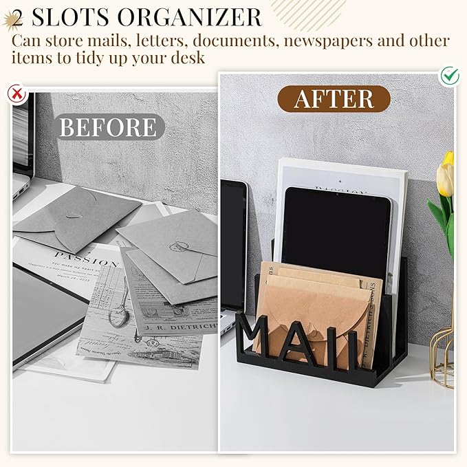 Vercraft 2 Slot Mail Organizer Holder Countertop Wooden Mail Black Letter Holder with Cutout Lettering Design for Office Desktop Envelope and Document Storage Rack