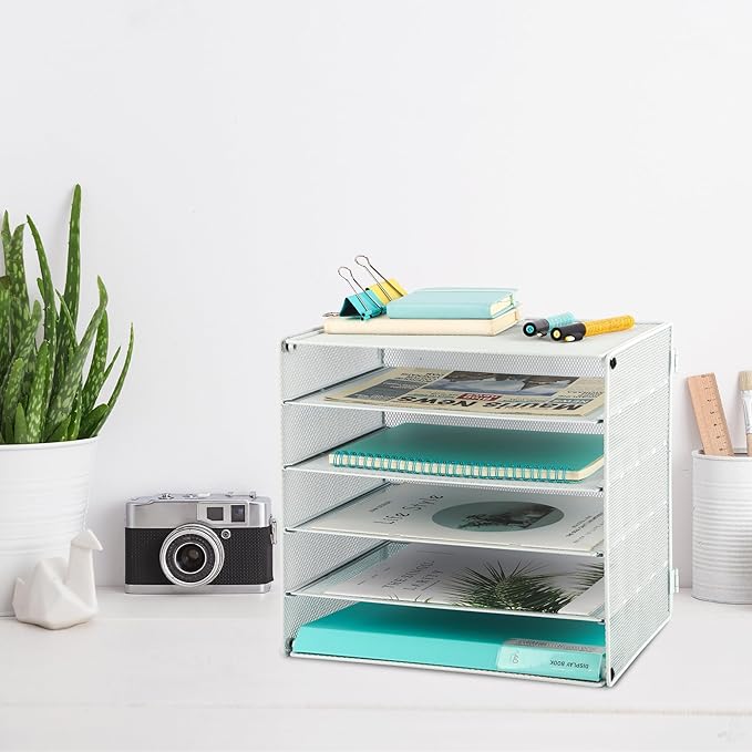 EASEPRES 5 Slot Mesh Desk Organizer Tray, File Paper Letter Folder Holder Desktop Paper Sorter Mail Organization Rack Storage Accessories, for Office Home School Classroom, White