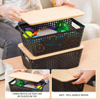 Anywish Storage Bins with Lids 6 Packs, Plastic Storage Bins with Bamboo Lids for Pantry Organization and Storage Containers for Shelves Drawers Desktop Closet Office Home, Black