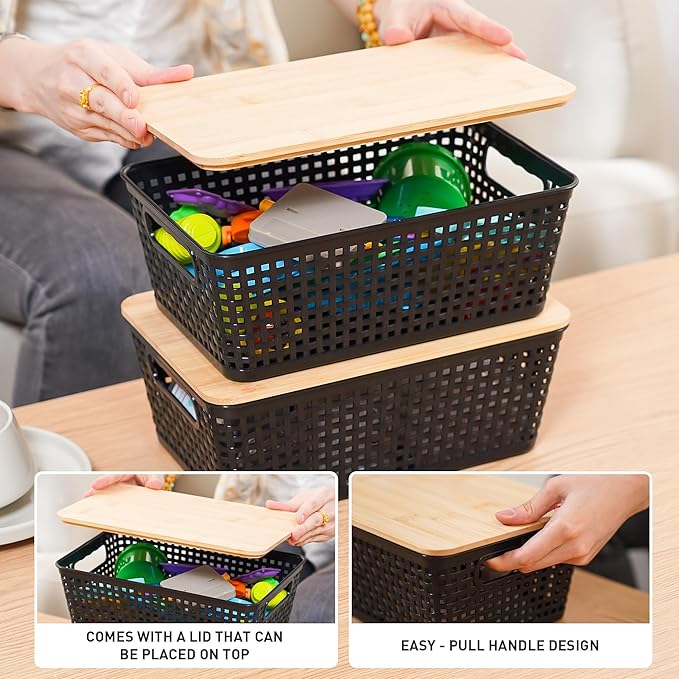 Anywish Storage Bins with Lids 6 Packs, Plastic Storage Bins with Bamboo Lids for Pantry Organization and Storage Containers for Shelves Drawers Desktop Closet Office Home, Black