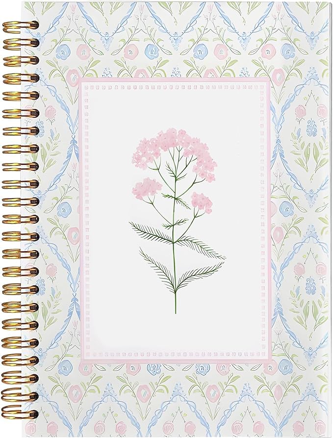 BitKan Pink and Blue Floral Spiral Notebook, Grandmillennial Wild Flower Journal for Women, Pastel Preppy Botanical Aesthetic Notebook 5.5x8.3 Inch, Preppy Office Supplies-365