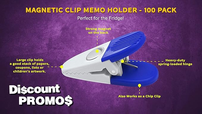 100 Magnetic Memo Holders Set - Customizable Text, Logo - Large Clip, Plastic - White Blue