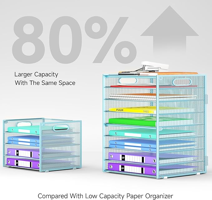 Cawukege 9 Tier Paper Organizer with Handle, Large Capacity Desk Organizer Mesh File Folder Letter Paper Tray Desktop Document Sorter for Classroom, School, and Office Accessories Organization- Blue