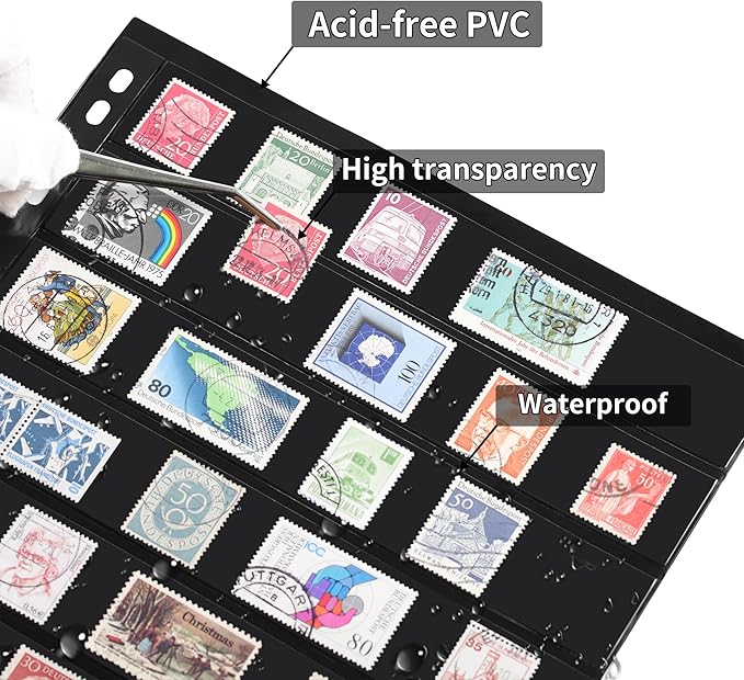 10 Sheets 20 Pages Postage Stamp Album Pages, 8 Pockets 7.7X 1.18in Stamp Collection Inserts, 9 Hole Standard Stamp Collecting Album Sleeves for Stamp Collection Binder IS010810